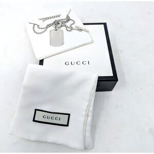 Gucci Sterling Silver Dog Tag Necklace | Engraved Logo Pendant 20" Ball Chain
